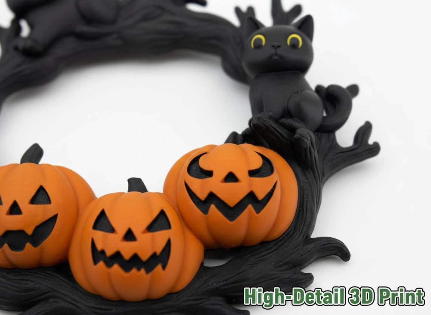 Halloween wreath featuring black cats and jack o lantern pumpkins for spooky fall door decor and cozy home style 3rd Prints