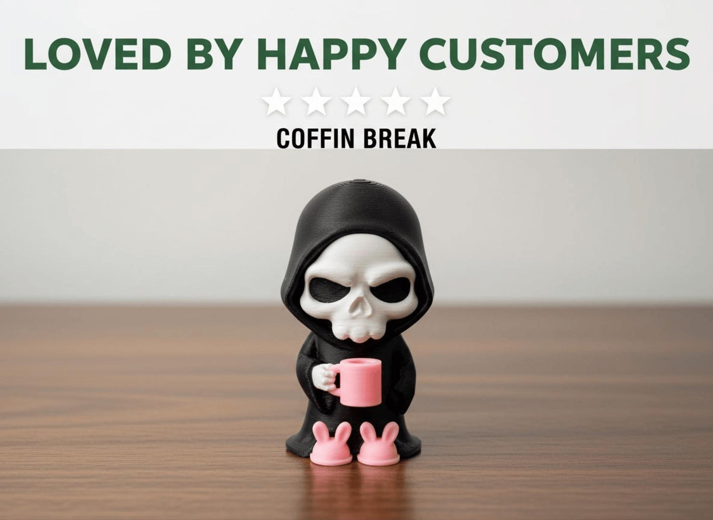 Coffin Break Grim Reaper Figurine with Pink Bunny Slippers, A Dark Humor Decor Gift 3rd Prints