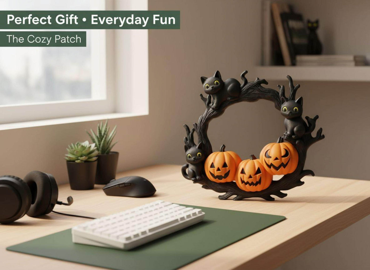 Halloween wreath featuring black cats and jack o lantern pumpkins for spooky fall door decor and cozy home style 3rd Prints