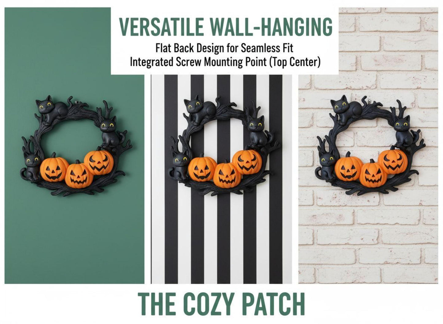 Halloween wreath featuring black cats and jack o lantern pumpkins for spooky fall door decor and cozy home style 3rd Prints