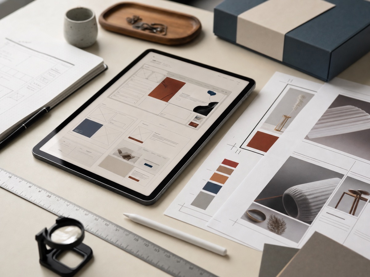 Studio desk with tablet interface wireframes, printed proofs, swatches, and packaging mockup